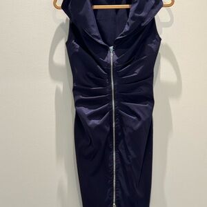 Size 4,, JosephRibkoff, Navy  fun ruched  zip up double collar dress